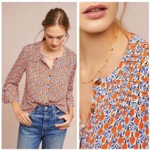 New Anthropologie Maeve Berwick Bell Sleeve Orange Fruit Grove Citrus Boho Top S